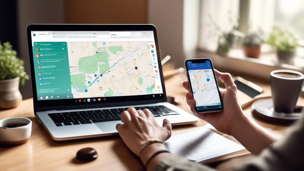 An image showing a person using a smartphone and laptop simultaneously, with various websites and apps open, showing results for same day DOT physical near me. In the background, a map with nearby medical facility markers is visible. The setting is a cozy home office environment, with elements like a coffee cup, notepad, and pen on the desk, emphasizing the ease and immediacy of finding same day DOT physicals through technology.