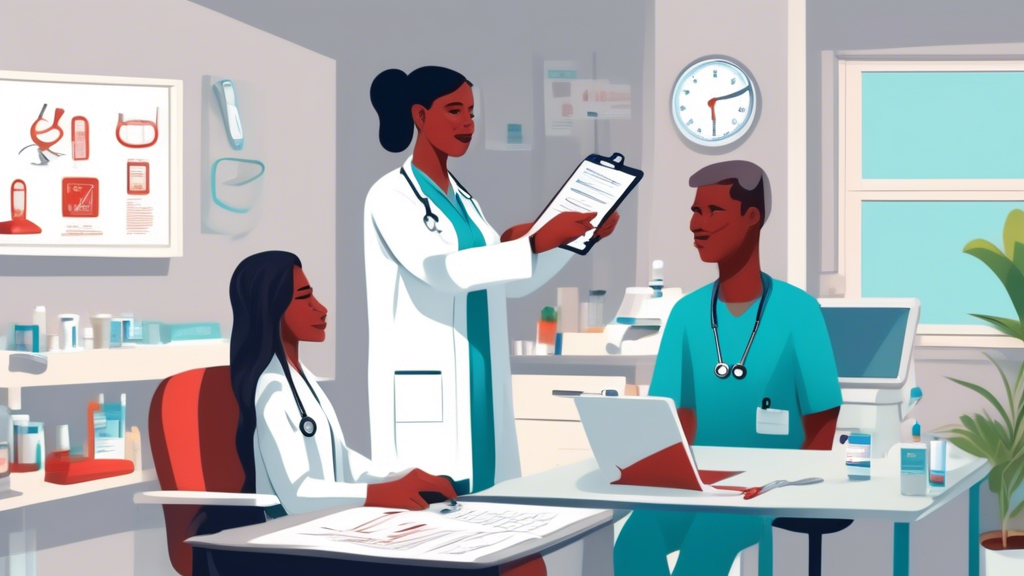 Prompt for DALL-E:Create an image that illustrates what to expect during a same day DOT physical appointment. The scene should depict a friendly, professional clinic with a commercial driver sitting in a medical examination room. Show the driver handing over their documentation and medical history to a healthcare professional. Include key elements such as medical equipment like a stethoscope, blood pressure monitor, and an eye chart in the background. The atmosphere should be welcoming and efficient, emphasizing the quick and smooth process of the exam.