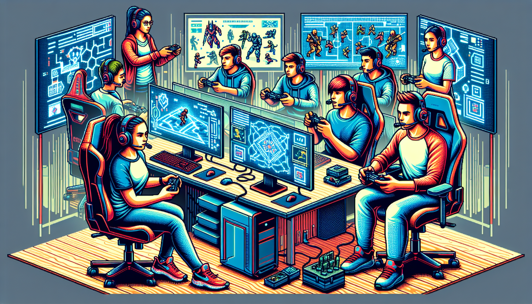 A high-energy scene featuring a diverse group of gamers intensely focused on their screens, showcasing essential skills and strategies needed for video game tournaments. Include visible gaming tools like advanced controllers, high-end PCs, ergonomic chairs, and detailed training regimens on screens or whiteboards in the background. Highlight the intense concentration and dynamic movements of players to emphasize their dedication and effort.