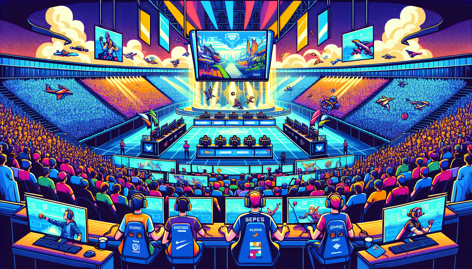 Prompt for DALL-E: 
Create an image depicting the vibrant atmosphere of a live video game tournament. Show a packed arena with enthusiastic spectators cheering, large screens displaying intense gameplay, and professional players intensely focused at their gaming stations. Include elements that highlight the excitement from both the spectator and player perspectives, such as fans waving banners and players wearing gaming headsets and branded jerseys.