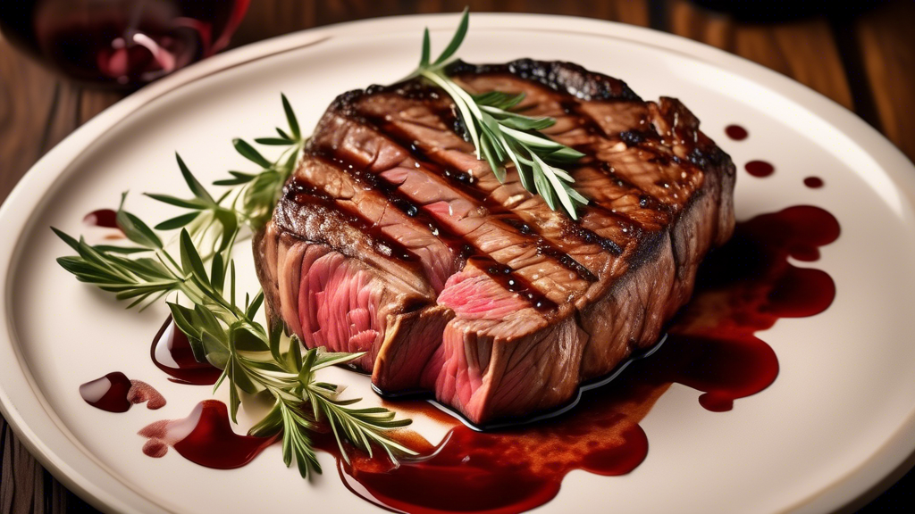 Create an image of a succulent, perfectly cooked steak with a beautifully charred grill marks, garnished with fresh herbs and served on an elegant plate. The background should depict a cozy and upscale steak house ambiance, with dim lighting, polished wooden tables, and wine glasses filled with rich red wine. The atmosphere should exude warmth and sophistication, inviting the viewer to indulge in a luxurious dining experience at a top-rated steak house in NYC.