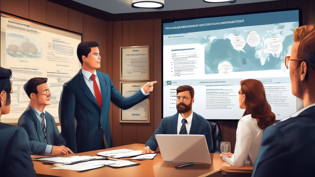 Detailed illustration of a professional conference room where a client is meeting with a ship accident lawyer who is displaying their certificates and awards on the wall. The lawyer is pointing at a digital screen showcasing impressive maritime case statistics and client testimonials. The client looks attentively and takes notes, indicating the process of checking the lawyer