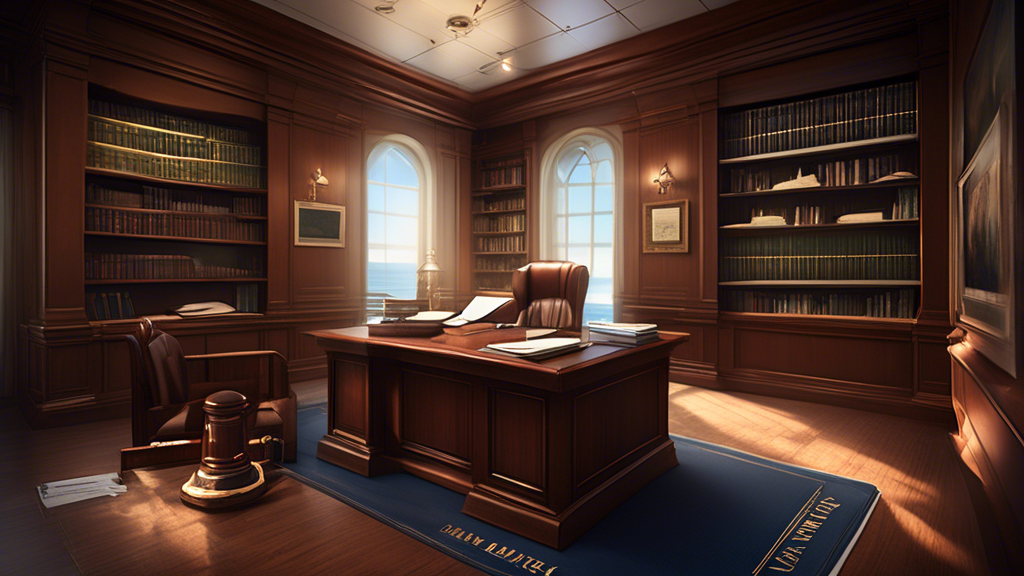 DALL-E prompt: A professional office setting where a person, who has been in a ship accident, is consulting with a highly experienced ship accident lawyer. The office is adorned with maritime law books and diplomas. Display a clear interaction where the potential client is asking questions and the lawyer, portrayed with a confident and approachable demeanor, is providing advice, showing a digital presentation on a laptop screen. Include visible details such as legal forms, a model of a ship, and a list of lawyer contacts nearby to imply the research process.