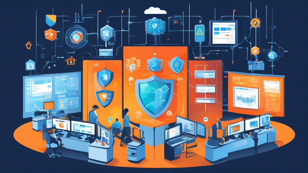 Create an image that shows a high-tech security control room with multiple screens displaying data protection and compliance metrics, all branded with the Google Cloud logo. Include elements such as firewalls, shields, and locks symbolizing security features and protocols, as well as international flags and industry icons representing adherence to compliance standards.