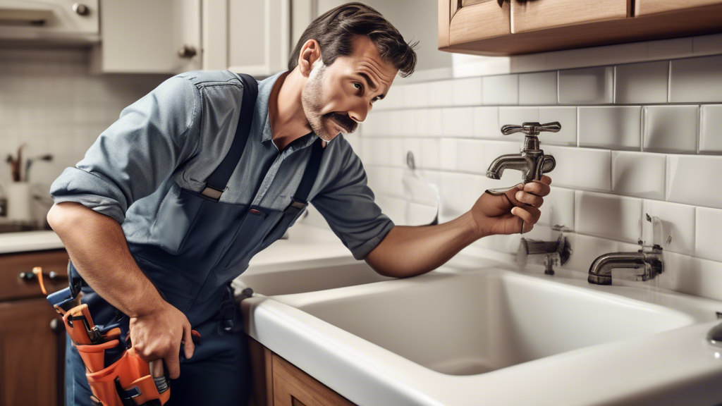 Create an image that depicts a person on the phone with an emergency plumber while standing next to a sink with a visible drain blockage. The sink area should show signs of water backup, and the person should look concerned but relieved to be speaking to a professional. In the background, include subtle elements that hint at advanced tools and equipment used by professional plumbers, like a toolbox with plumbing tools slightly visible. The overall setting should convey urgency and the importance of expert intervention.