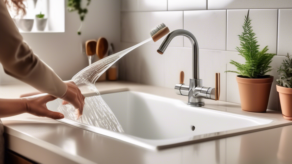 Create an image depicting a tidy home kitchen where a person is performing regular maintenance to prevent future emergency drain unblocking. The person should be pouring an eco-friendly solution down the sink drain, alongside a clean countertop with a visible drain guard installed. The image should emphasize cleanliness, eco-friendliness, and proactive measures for maintaining clear drains. Incorporate elements that hint at proper waste disposal, such as a compost bin for kitchen scraps to avoid clogging the drain.