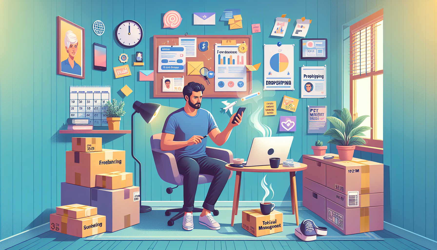 Create an intricate and vibrant illustration showcasing a dynamic home office environment. The setting should display a person balancing multiple side hustle activities: working on a laptop (symbolizing freelancing), a bulletin board with sticky notes and a calendar (representing time management), packaged items for shipping (indicating dropshipping), and a phone with notifications for pet sitting jobs. Include elements like a coffee cup, books, and a tablet with marketing analytics on the screen to highlight marketing and financial management strategies. The background should subtly feature icons of popular apps and tools used to enhance productivity, symbolizing the leveraging of technology. The overall vibe should be motivational and energetic, emphasizing the optimization of side hustles for maximum results.