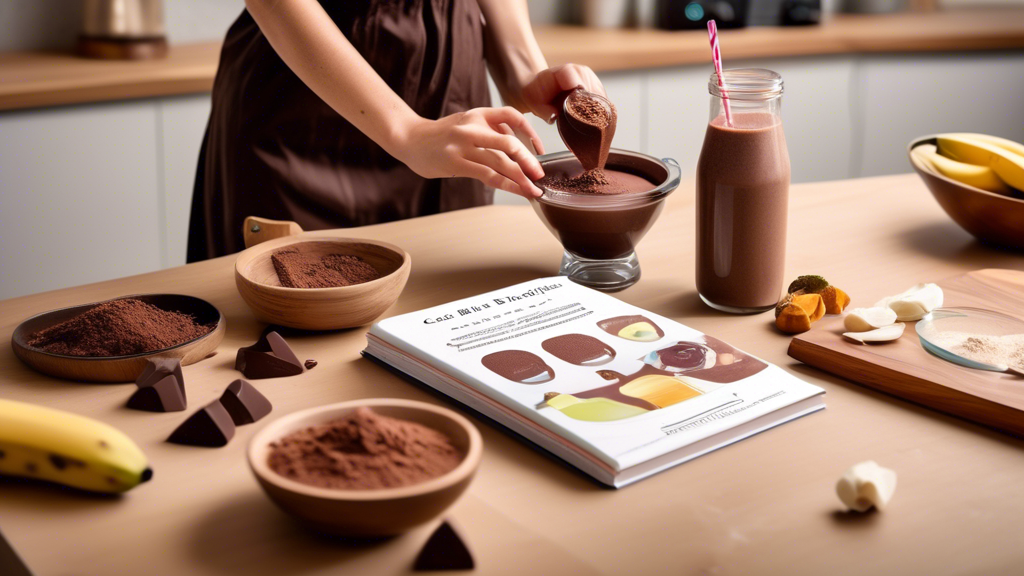 Create an image of a modern kitchen scene with a person preparing a smoothie using Cacao Bliss. The scene should include a countertop with various ingredients like bananas, almond milk, and a blender filled with a chocolatey mixture. On the side, have a small bowl with Cacao Bliss powder and a recipe book open to a page titled