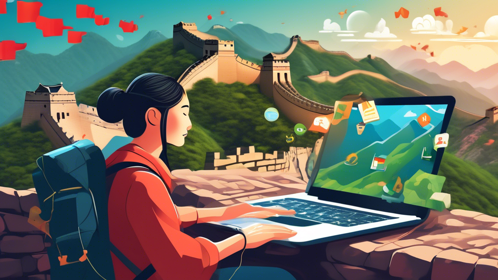 Create an image of a traveler using a laptop in a scenic location in China, such as the Great Wall, with stylized icons representing various VPNs floating around the laptop screen. The laptop screen should display a connected VPN with a secure connection, and a guidebook titled Best VPNs for China Travel laying beside the traveler. The overall mood should be vibrant and focused on a secure, worry-free digital experience during the travel.