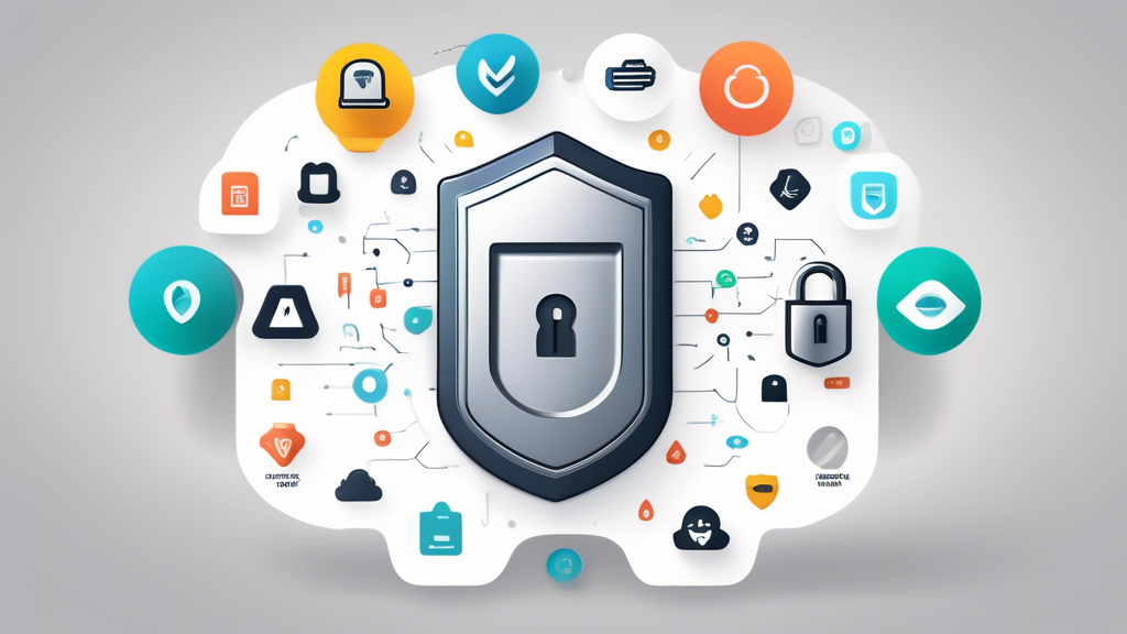 Create an image featuring a friendly and secure digital vault with a Discover logo on it, symbolizing strong online privacy protection. The vault should be surrounded by icons representing advanced passwords, multi-factor authentication, secure browsing, and digital footprint management. The background should showcase a digital landscape with a subtle grid pattern, and padlocks and shield symbols can be subtly integrated to represent security.