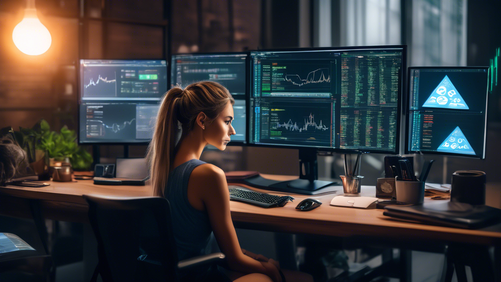 Create an image-based DALL-E prompt:
A woman sits at a modern desk, surrounded by multiple computer screens, each displaying popular crypto exchange websites like Coinbase, Binance, Kraken, Gemini, and eToro. She is meticulously verifying platform authenticity and avoiding scams, securing her accounts with two-factor authentication, researching secure payment methods, tracking her investments via a reliable app on her smartphone, and staying updated on the latest regulatory changes and market trends with a financial news ticker running in the background. The scene is bathed in a soft blue light, symbolizing cybersecurity and trust.