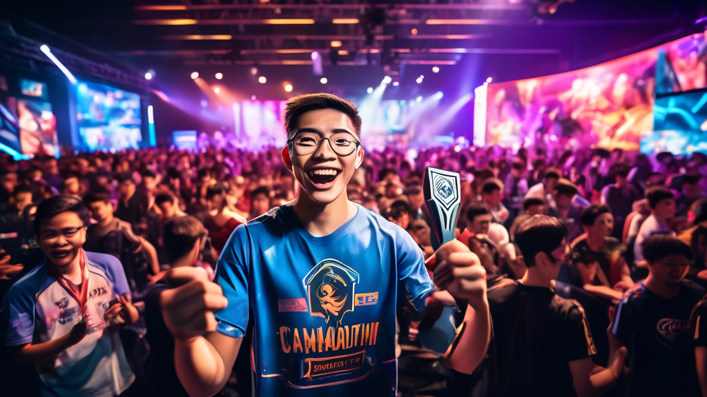 An enthusiastic gamer standing proudly with a trophy on a stage lit with colorful spotlights, surrounded by cheering crowds at a local esports tournament. There are banners and screens showing exciting game action in the background, and a nearby sign reads 