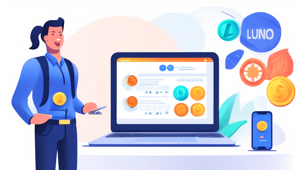 Create an image depicting the initial steps of getting started with Luno Trading. Show a user-friendly interface on a laptop screen for registering and setting up an account. The background should include secure verification processes and clear graphics illustrating the basics of depositing and withdrawing funds. A friendly customer support icon can be included to emphasize assistance and security.