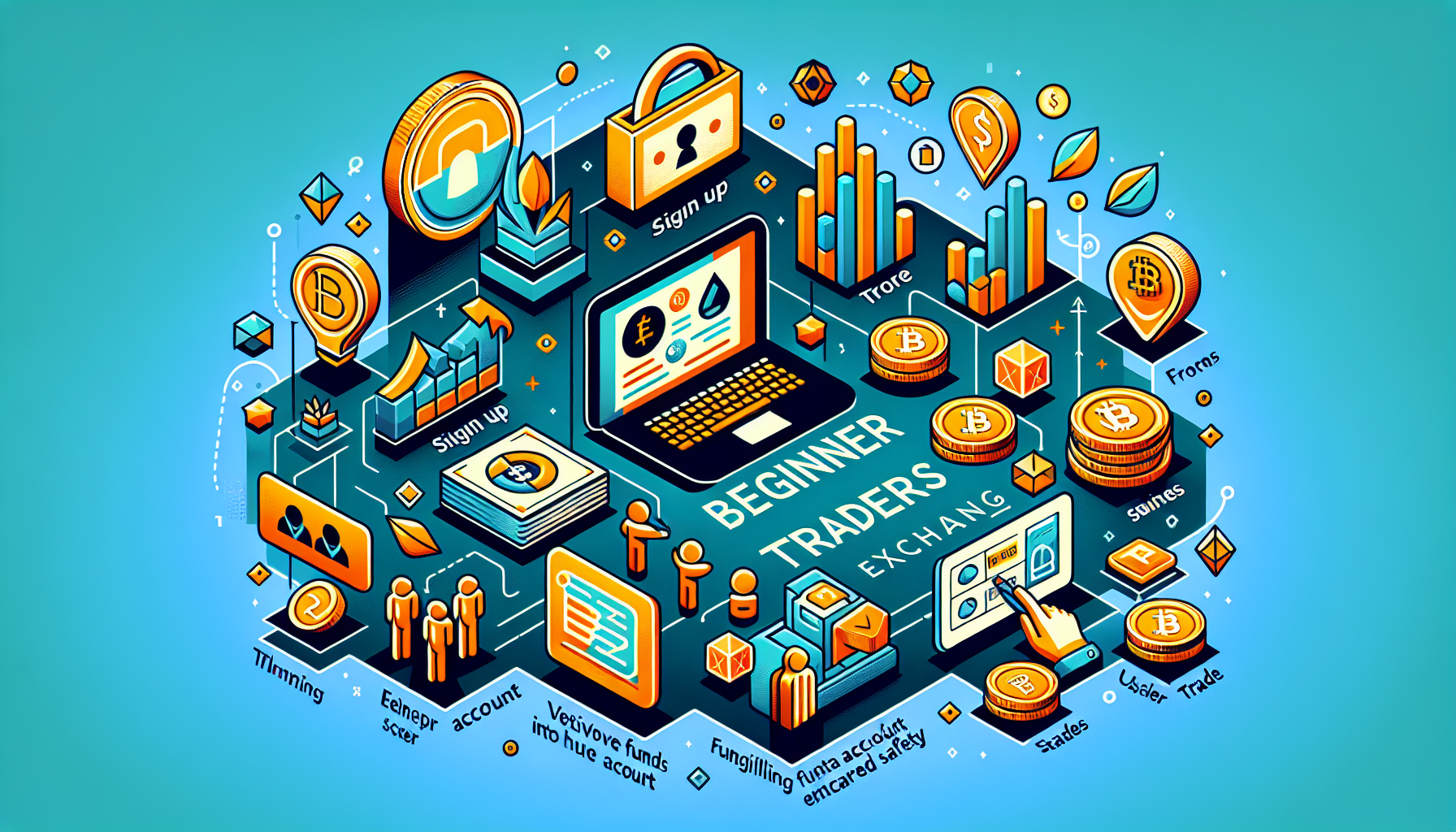 Create an image depicting a step-by-step guide for beginners on how to start trading on Phemex Exchange. Show a clear visual flowchart that includes stages like registration and account creation, account verification for security, depositing funds, and beginning trading. Incorporate icons and symbols related to trading, security, and user interface, and use a modern, clean design style.