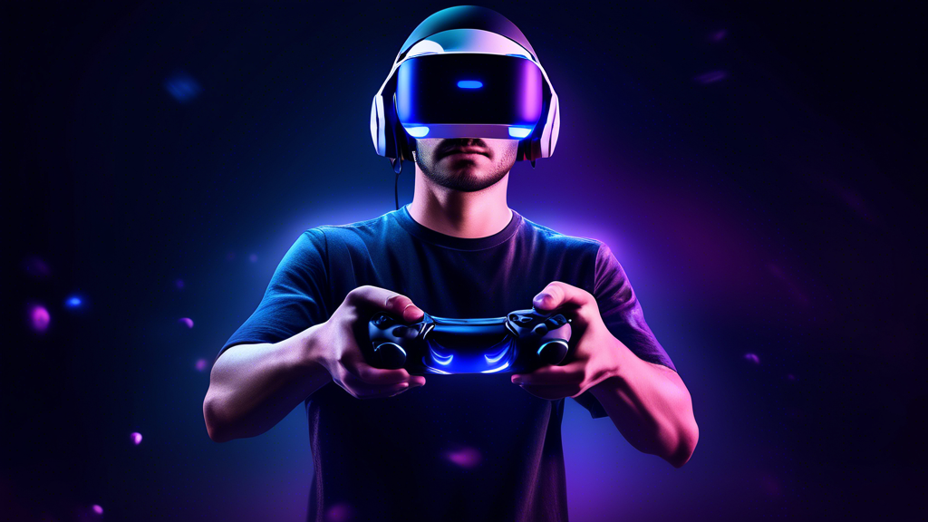 Create an image of a gamer deeply immersed in the world of Sony PSVR2. They are holding the enhanced PSVR2 controllers, experiencing haptic feedback, and are surrounded by stunning, lifelike virtual reality graphics. The background showcases a dynamic, high-definition VR environment with realistic soundscapes. The expressions on the gamer