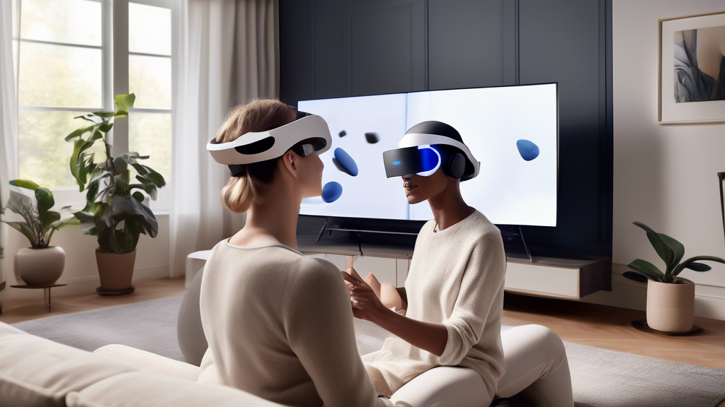 Create an image depicting a user setting up the Sony PSVR2 with a clear, intuitive interface on a screen in the background. Show the headset with an ergonomic head strap, padding for comfort, and an adjustable fit. Add icons or elements demonstrating accessibility features like voice commands and customizable settings. Use a cozy and modern living room setting to indicate a user-friendly and comfortable gaming experience.