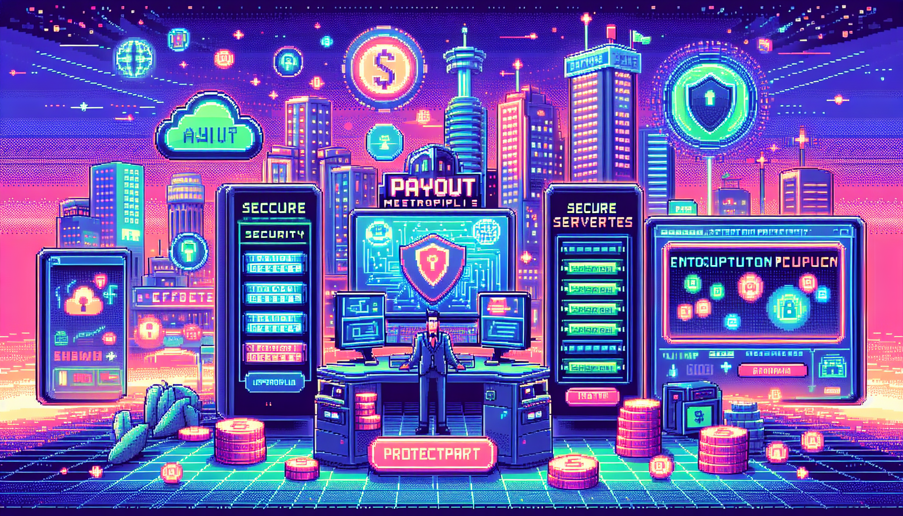 Create an image depicting a vibrant digital landscape of Jackpot City, focusing on its robust security measures. Incorporate elements such as secure servers, encryption symbols, and a lock shield icon representing data protection. Include a friendly customer support representative available to assist players, all set against the backdrop of a lively online casino environment with various games subtly in the background.