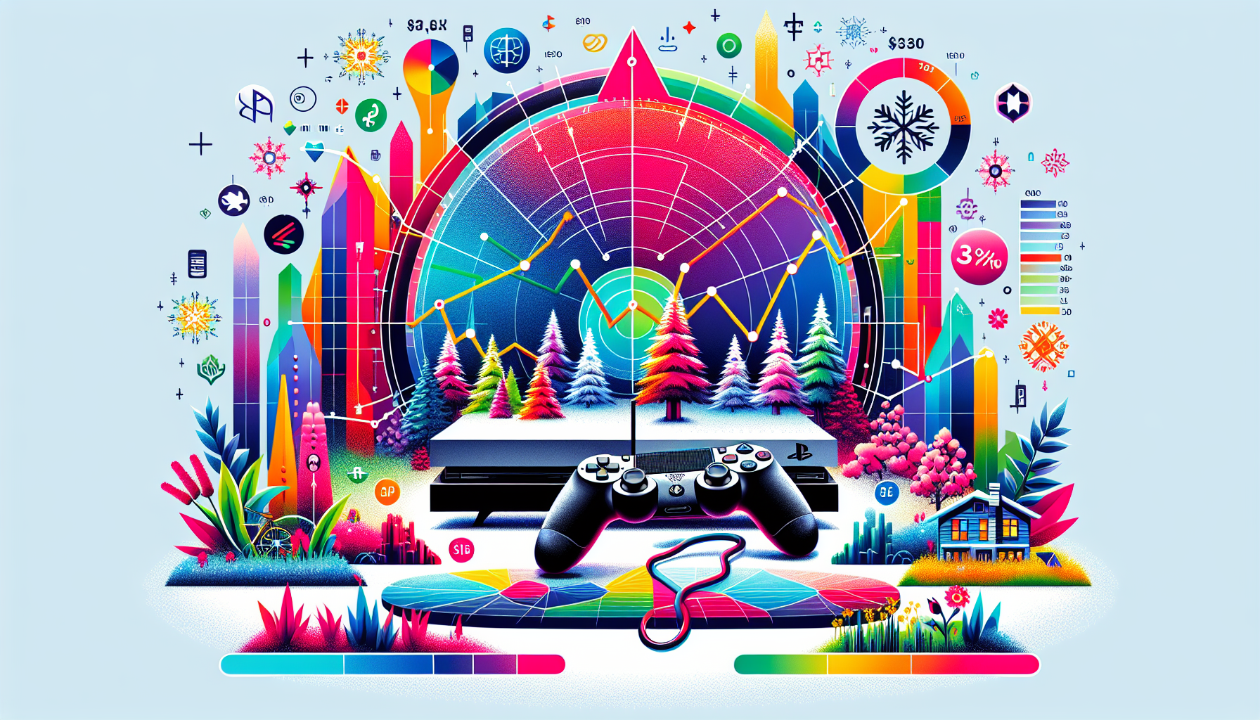 Render an image that depicts a PlayStation 4 in the foreground with a fluctuating stock market graph and various price tags hovering around it. The background should include visual elements representing different seasons and regions (e.g., a snowy landscape for winter, blooming flowers for spring, iconic landmarks for various regions). The overall theme should convey market trends, availability, and seasonal/regional price variations influencing the PlayStation 4 price. Ensure the keywords PlayStation 4 price are subtly incorporated in the image.