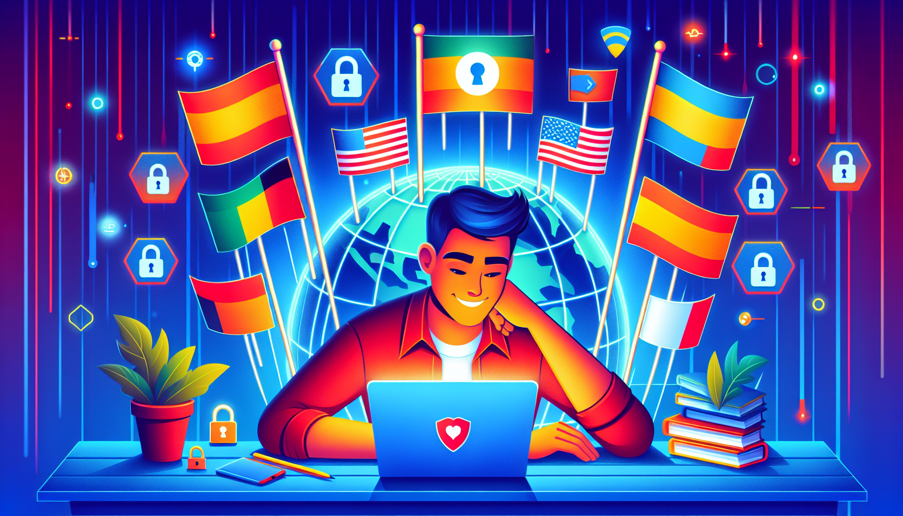 An image showcasing the benefits of using Nord Smart DNS for online freedom, highlighting elements like bypassing geo-restrictions effortlessly, improving streaming speed and quality, and ensuring privacy and security. The scene could include a person happily streaming a movie on a laptop with global icons indicating different country flags, while locks and security shields float in the background, symbolizing privacy and security.