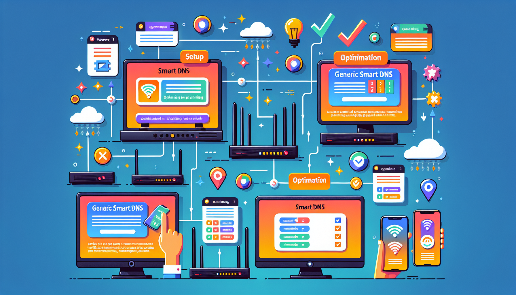 Create an instructional image showing a step-by-step guide to setting up Nord Smart DNS on various devices, including illustrations of network settings, an optimization checklist, and a troubleshooting flowchart to ensure continuous access. Include visual representations of routers, smart TVs, and mobile devices for a comprehensive view.