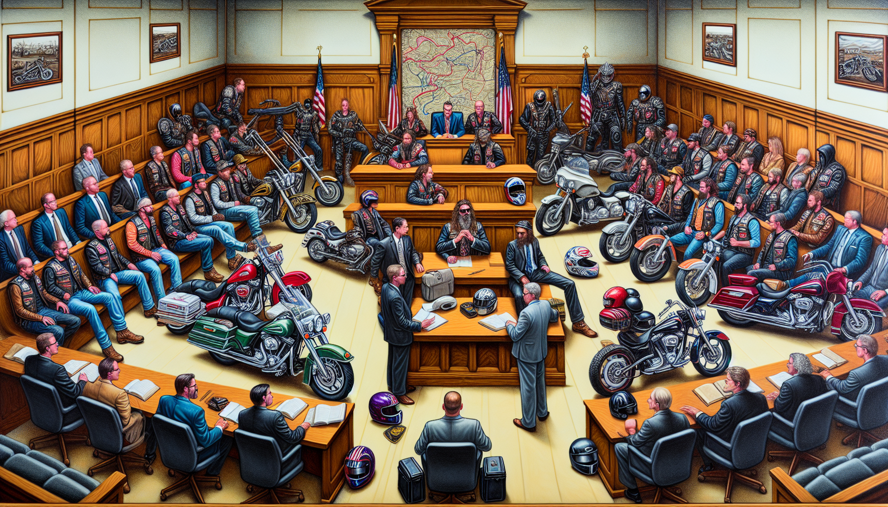 Prompt: A highly detailed courtroom scene depicting motorcycle riders with specialized attorneys from The Biker Lawyers, actively engaged in legal discussions. Visualize a diverse group of motorcyclists, including various motorcycle types and gear, gathered inside a courtroom. The lawyers, identifiable by their unique biker-themed attire (perhaps leather jackets over formal wear), are demonstrating points and presenting evidence on large displays. The setting shows a mix of law professionals, judges, and a jury, focused on a motorcycle-related case. Include visual elements like motorcycle helmets placed beside briefcases, legal books open to specific motorcycle laws, and a subtle backdrop illustrating a map of state-specific motorcycle routes. Capture the intensity and the unique dynamics of the interaction between the motorcyclists and their specialized legal team under the dramatic lighting of the courtroom.