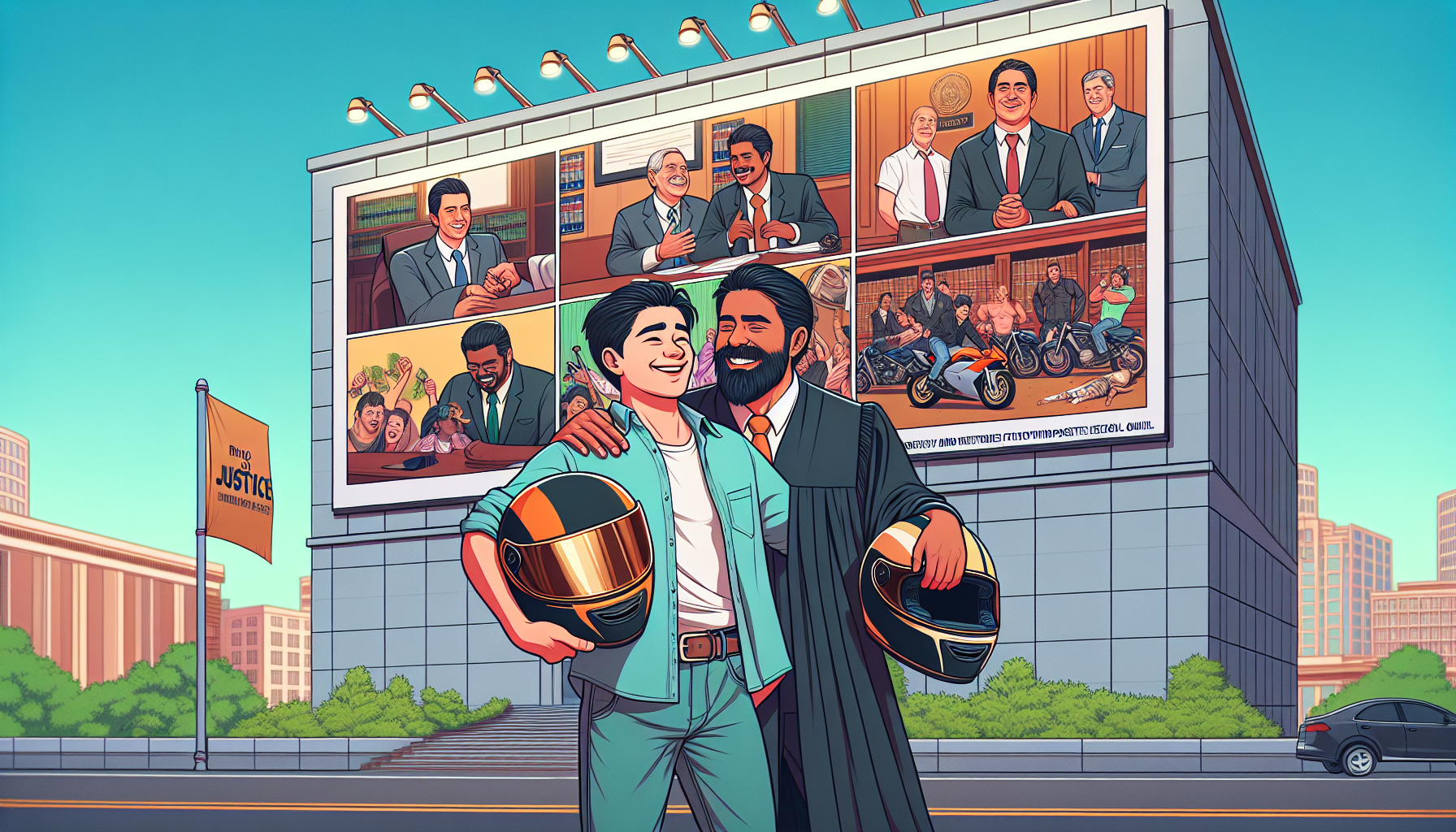 Create an image of a delighted client embracing a lawyer from The Biker Lawyers outside of a courthouse, with the client holding a motorcycle helmet in one hand. In the background, a billboard shows a montage of 