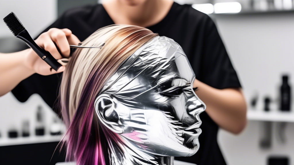 A close-up image of a person using aluminum foil to color their hair in a modern, well-lit salon environment. The hair is sectioned neatly, and the stylist is shown applying hair color with a brush before wrapping the sections in aluminum foil. Various hairdressing tools, such as coloring bowls, brushes, and clips, are neatly organized on a nearby table. The scene captures the careful and detailed process of applying hair color with aluminum foil.