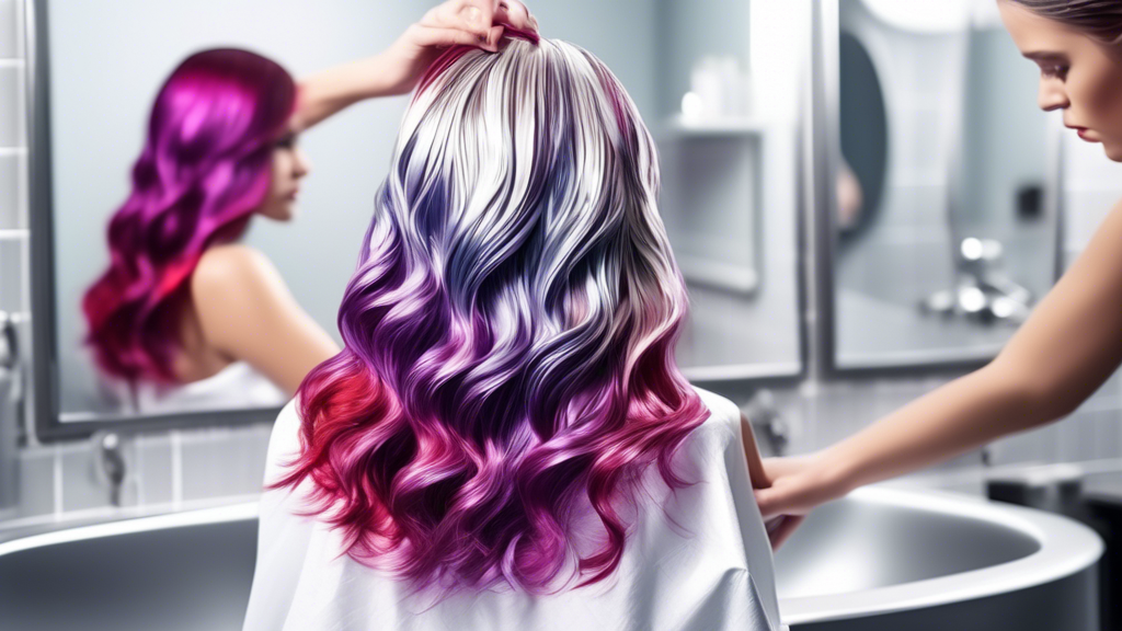 Create an image that shows the post-coloring care process for hair that has just been colored using aluminum foil. The scene should focus on a person rinsing their hair in a stylish bathroom setting, with hair still showing vibrant color. Include details such as conditioner bottles and a luxurious, modern sink. Highlight shiny, well-maintained hair to emphasize the importance of care and maintenance after hair coloring.