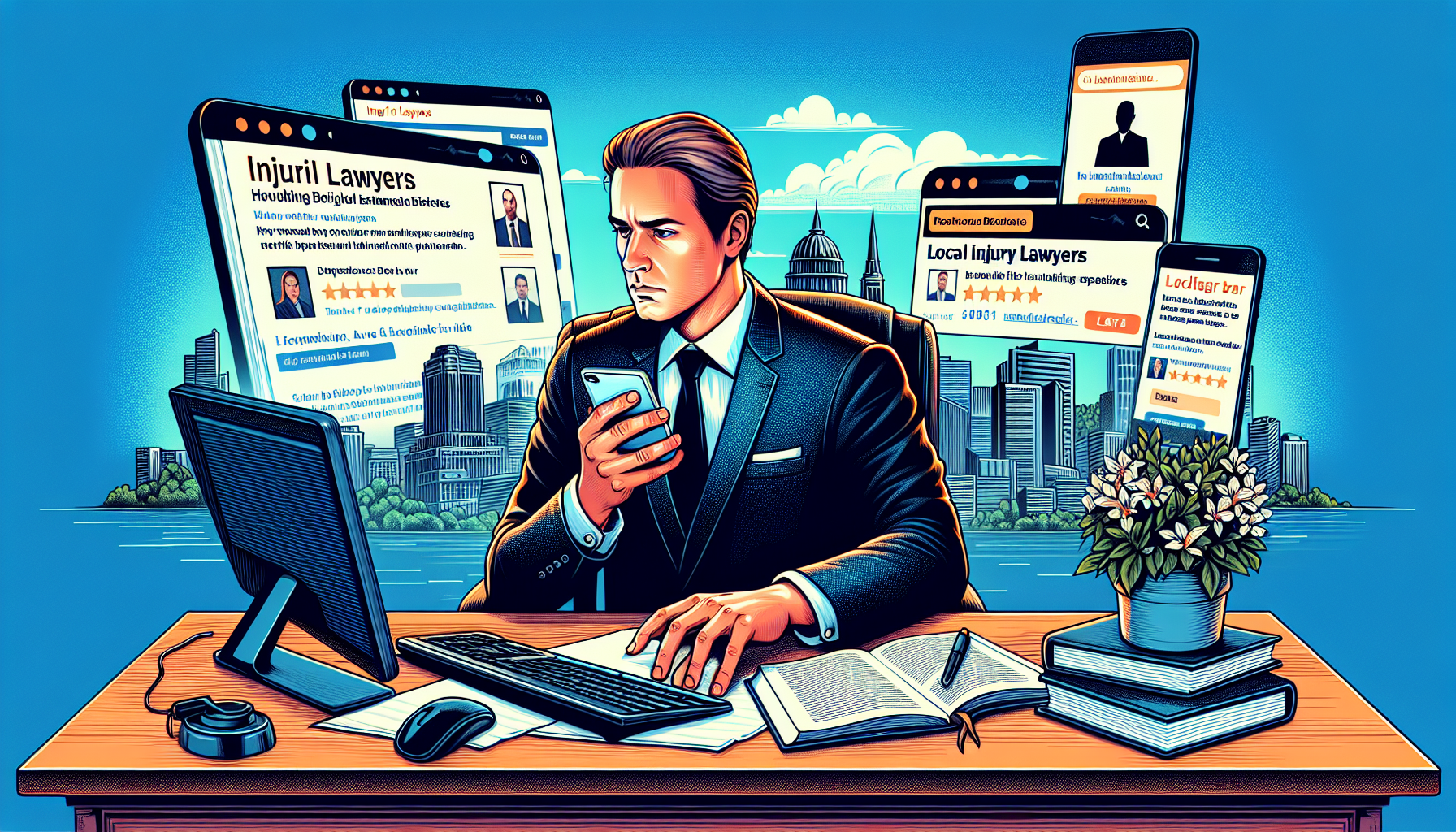 An illustration of a person sitting at a computer, intently searching through various online legal directories and local bar association websites. Their desk is scattered with notes and a smartphone displaying reviews and ratings of nearby injury attorneys. The backdrop features a cityscape, symbolizing the search for local expertise.