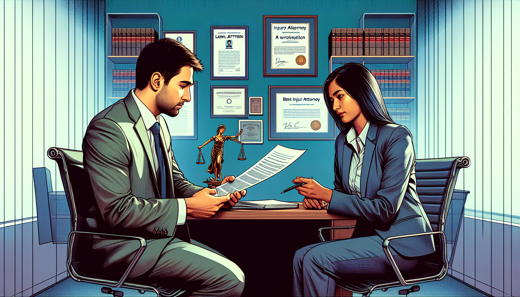 DALL-E prompt: A digital artwork of an individual in an office setting having a consultation with a distinguished injury attorney. The attorney is explaining a legal document, pointing out important details, while the client listens intently, taking notes. The office is adorned with law books, certificates, and a 