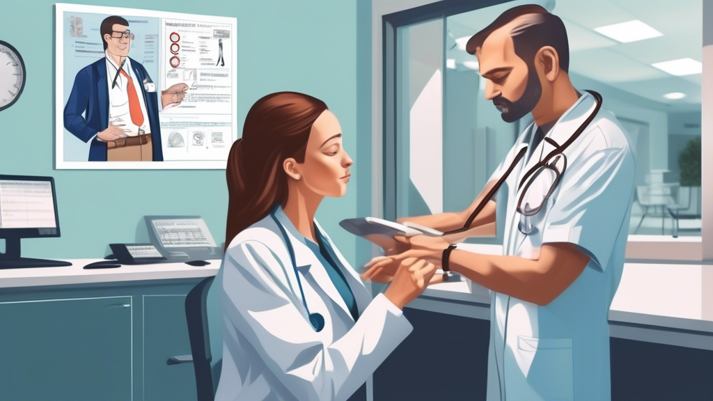 Create an image showing a professional commercial driver receiving a comprehensive medical examination at a DOT Clinic. Emphasize the significance of the medical exam by illustrating the doctor checking vital signs, conducting a vision test, and highlighting the certification process with a visible certificate of health on the wall. Include elements of road safety, such as a truck or highway in the background, to underline the importance of these exams for employment and public safety.