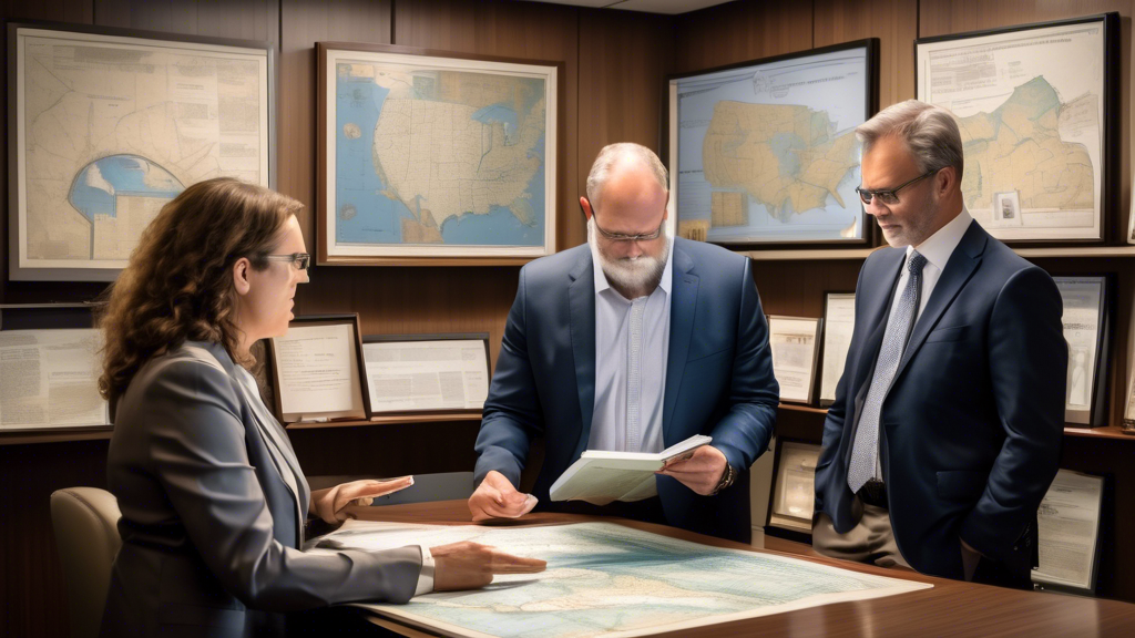 An image illustrating a professional discussion between a client and a knowledgeable watercraft accident attorney in an office setting, showcasing shelves with legal books and maritime decorations. The attorney is presenting a digital map of local waterways on a tablet, demonstrating expertise in local jurisdiction, while the client attentively listens and takes notes. Include visible certificates and accolades on the wall, emphasizing the attorney’s credentials and successful track record. Both individuals are engaged in a serious yet friendly conversation, highlighting excellent communication skills.