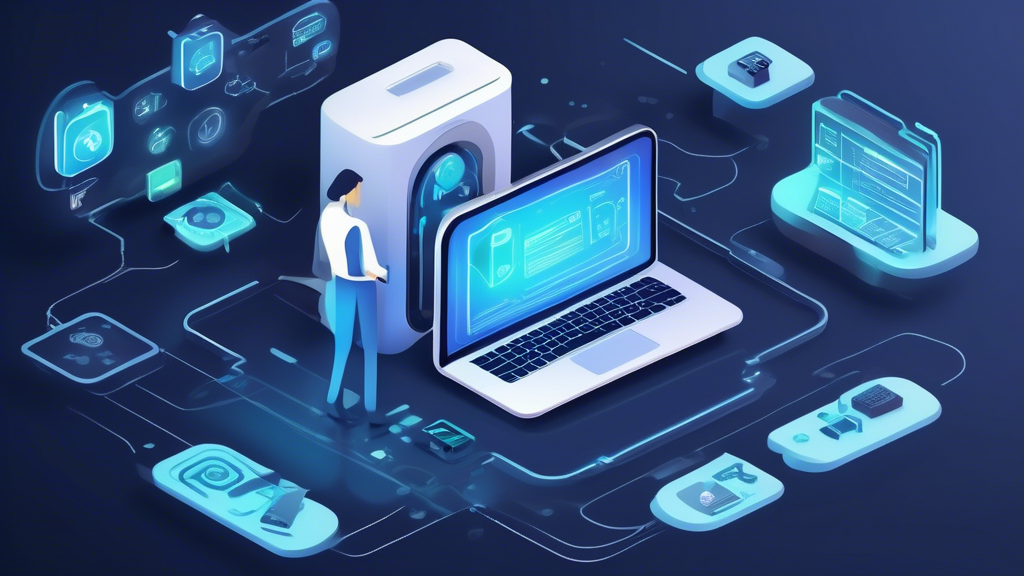 Create an image that showcases the main features and benefits of Carbonite Backup. Include elements such as automated backup processes being depicted by a computer screen showing a backup progress bar, secure data protection illustrated by a digital lock and encryption symbols, and user-friendly setup represented by a person easily configuring backups on a laptop. The background should be a modern digital workspace, emphasizing the simplicity and security Carbonite Backup brings to data management. Keywords: carbonite backup, automated backups, data security, user-friendly.