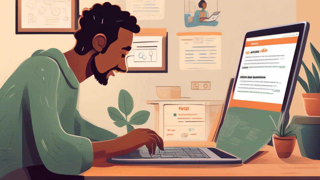 Digital drawing of a homeowner researching sewer drain cleaning services on a laptop in a cozy living room. The screen displays a list of local service providers with various reviews and ratings. The homeowner has a checklist on a notepad next to the laptop, listing questions like experience, credentials, and customer satisfaction guarantees. The room is well-lit, emphasizing a clean and organized environment.