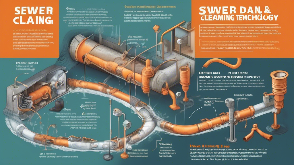 Create a detailed image illustrating the advancements in sewer drain cleaning technology. Depict a split scene: on one side, traditional methods like snaking and rooter services in action, and on the other side, advanced technologies such as hydro-jetting and video camera inspections. Include professionals operating the equipment, the inside view of the pipes, and graphical elements showing the effectiveness of both traditional and modern techniques. Highlight the keywords sewer drain cleaning near me subtly within the image