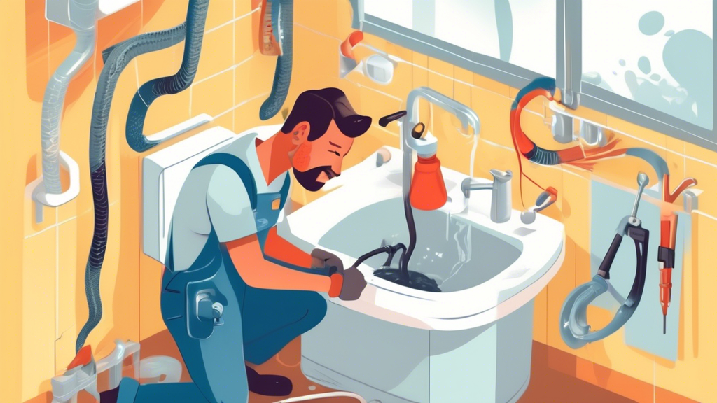 Illustration of a DIY enthusiast in a home environment, equipped with essential tools and materials like a plunger, wrench, and plumber