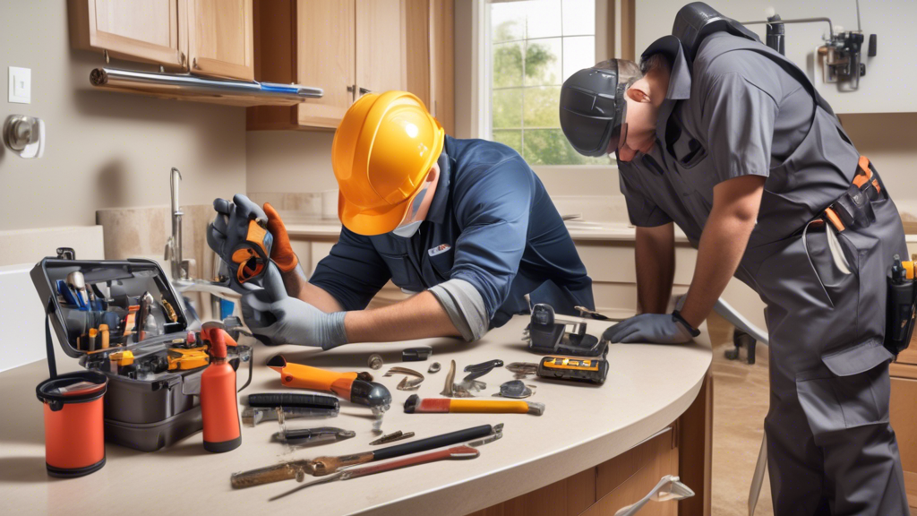 Create an image that showcases a professional drain repair specialist assessing a residential drain. The scene should include the specialist wearing proper protective gear, holding tools, and using a camera scope to inspect the drain. In the background, display a clean and organized setup of various plumbing tools and materials, emphasizing the expertise and preparedness of the professional service. Include elements that highlight factors to consider, such as certification badges, customer reviews, and cost estimates, subtly incorporated into the design. Ensure the setting appears trustworthy and efficient, reflecting quality and reliability in professional drain repairs.