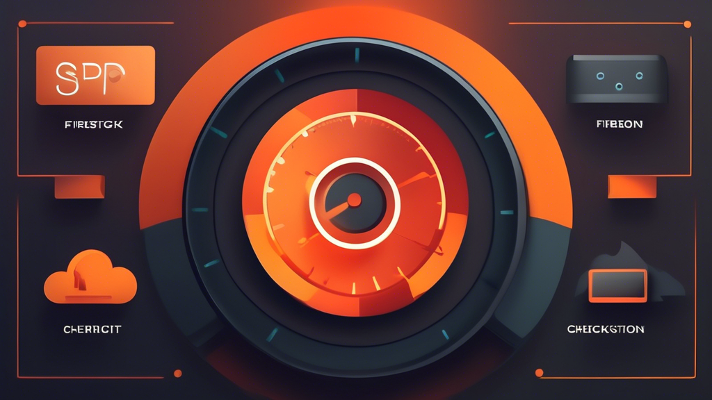 Create an image that visually presents Essential Features When Choosing a VPN for Firestick. The image should include a Firestick device prominently displayed, surrounded by icons or symbols representing key features such as Compatibility (a checkmark on a Firestick), Connection Speed (a fast-forward icon or speedometer), and Ease of Use (a gear icon or simple interface illustration). The backdrop could be a cozy living room setting with a TV, emphasizing the streaming context. Ensure the image has a modern, tech-savvy appearance with vibrant colors to attract the viewer