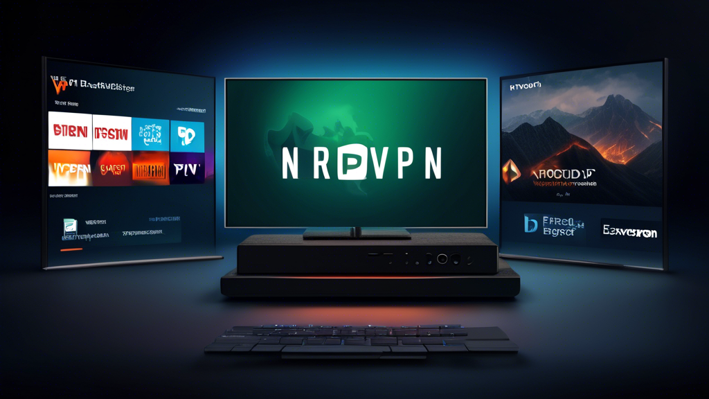 /Prompt for DALL-E:

Create an image that showcases the best VPNs for Firestick in 2024. The image should feature logos of NordVPN, ExpressVPN, Surfshark, and CyberGhost prominently. Depict a sleek, modern TV setup with a Firestick, and have a user interface on the screen that shows these VPNs as options. Add visual elements that emphasize security, fast streaming speeds, and ease of use, such as lock icons, speedometer graphics, and simple user interface icons.