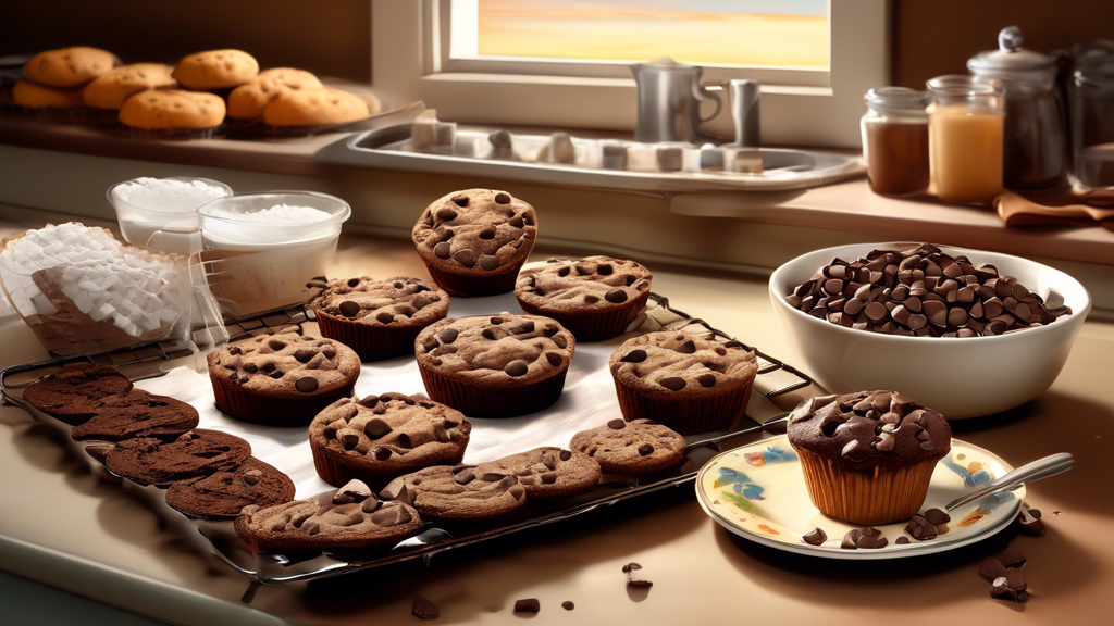 An artistically arranged kitchen scene depicting the process of baking various desserts using sugar-free chocolate chips, including a batch of classic chocolate chip cookies, sugar-free chocolate chip brownies, and muffins, with a focus on the vibrant textures and the melting of the chocolate chips during the baking process.