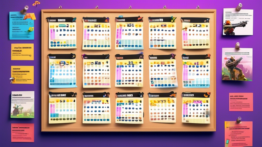 Create an image of a vibrant event calendar pinned on a corkboard, displaying a detailed schedule of upcoming gaming tournaments. Highlight specific tournaments with eye-catching graphics, including icons of popular games like Fortnite, League of Legends, and Counter-Strike. Add colorful annotations and sticky notes with key event details, registration info, and unique highlights for each tournament. The background should subtly feature gaming-related decorations to capture the energetic atmosphere of gaming culture.