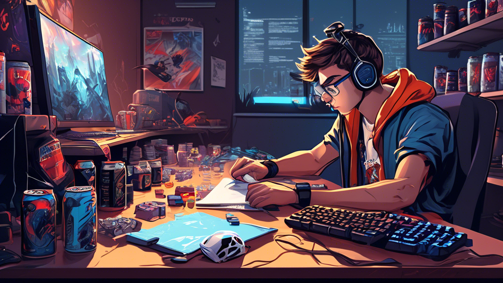 Illustration of a young gamer preparing for a local gaming tournament. The scene shows a cluttered desk with a high-end gaming setup, including a monitor displaying a competitive game, a mechanical keyboard, and a gaming mouse. The gamer is intensely reviewing strategies on a notepad while surrounded by empty energy drink cans and snacks. In the background, you can see posters of famous gaming events and a calendar with marked tournament dates. Include hints of social interaction, like chat messages from fellow gamers on a screen and gaming club invites pinned to a bulletin board. Highlight the excitement and dedication involved in preparing for gaming tournaments near me.