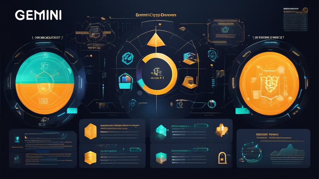 DALL-E prompt: An informative and visually appealing infographic that showcases the benefits and main features of Gemini Crypto. Highlight key elements such as advanced security and protection measures, diverse trading options and available market types, as well as a breakdown of fees and costs associated with using the platform. Incorporate icons representing security shields, trading graphs, market types, and cost breakdowns for a comprehensive and engaging presentation.