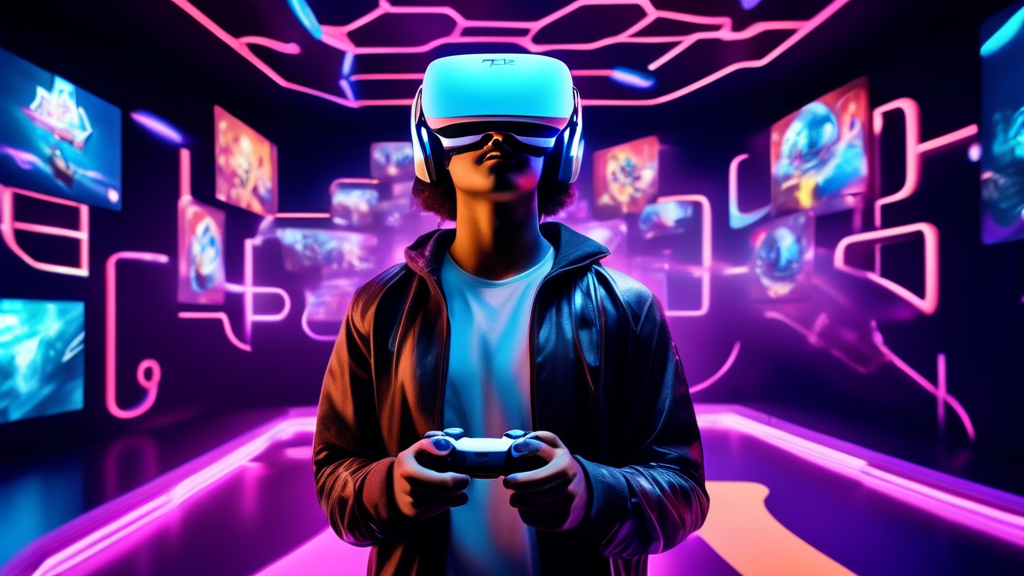 Create an image of a vibrant and futuristic gaming room with a person wearing a PS 5 VR headset, deeply engrossed in an exclusive VR game. The room is filled with dynamic lighting and holographic projections of popular PS 5 VR exclusive game characters and scenes, showcasing the creativity and innovation in game development. Include elements hinting at upcoming game releases, like posters or teaser trailers displayed on virtual screens in the background.
