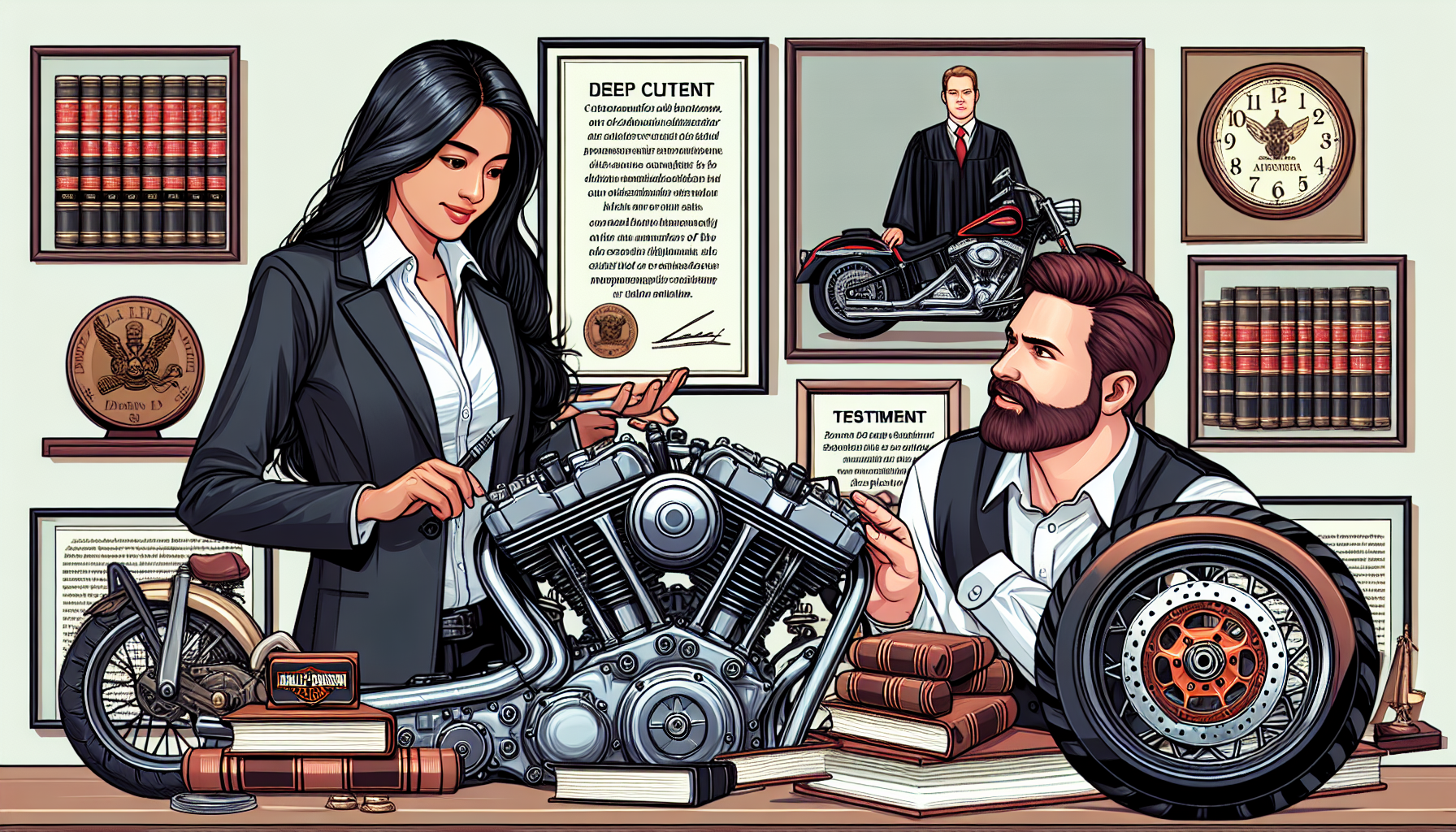 An experienced Harley accident lawyer demonstrates motorcycle engine knowledge to a client, surrounded by Harley-Davidson motorcycles and legal books, with visible client testimonials in the background, emphasizing strong communication and deep understanding of motorcycle culture.