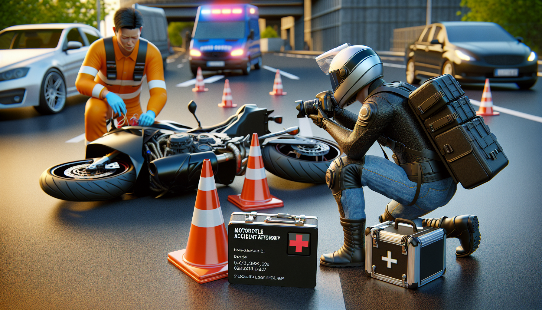 DALL-E prompt: Create an image depicting a motorcyclist, in Harley gear, skillfully documenting the accident scene with a camera. Nearby, a Harley motorcycle lies on its side on an urban road. The motorcyclist is carefully placing traffic cones around the accident site, while another person, noticeably a medical responder, is checking a small first aid kit in the background. In the foreground, a business card of a Harley accident lawyer is prominently displayed, symbolizing the next step of consulting a specialist lawyer.