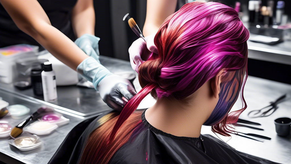 Create a detailed, instructional image illustrating the step-by-step process of applying hair dye using aluminum foil. Showcase a well-organized workspace with all the necessary materials laid out, including hair dye, brushes, gloves, and aluminum foil sheets. Highlight the steps of sectioning the hair, applying dye, and wrapping sections in foil. Be sure to illustrate tips for achieving precise and clean application. The image should be informative and visually clear, depicting a professional and efficient hair dyeing process with aluminum foil.