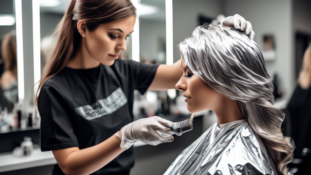 Create an image of a hair salon scene highlighting common practices in using aluminum foil for hair dyeing. The focus is on a hairstylist skillfully applying hair dye to a client