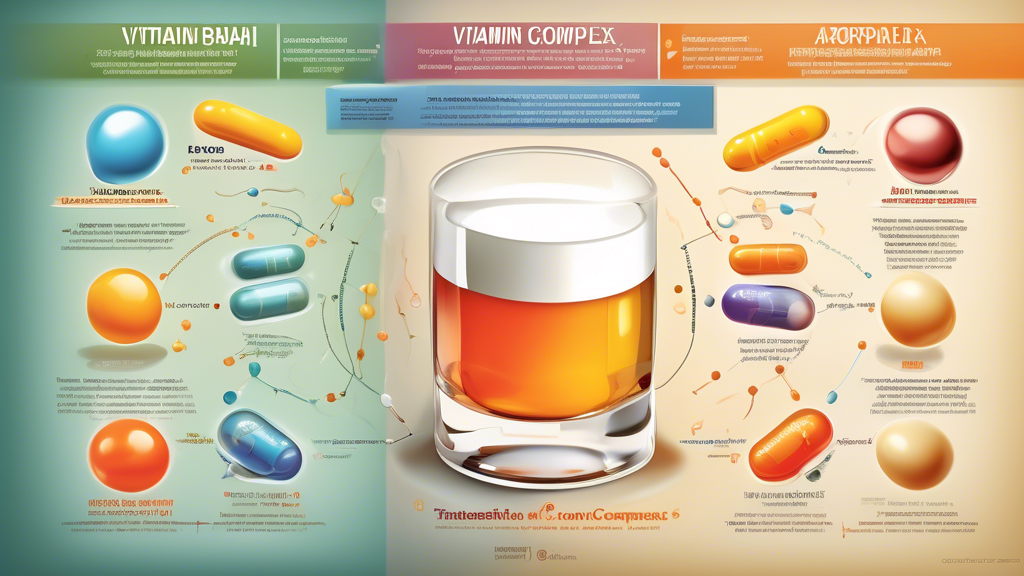 An illustrated guide showing the scientific process of how vitamin B complex aids in alcohol metabolism, with adjacent diagrams comparing the efficacy of traditional oral supplements versus transdermal vitamin B patches in terms of absorption and effectiveness in alleviating hangover symptoms.