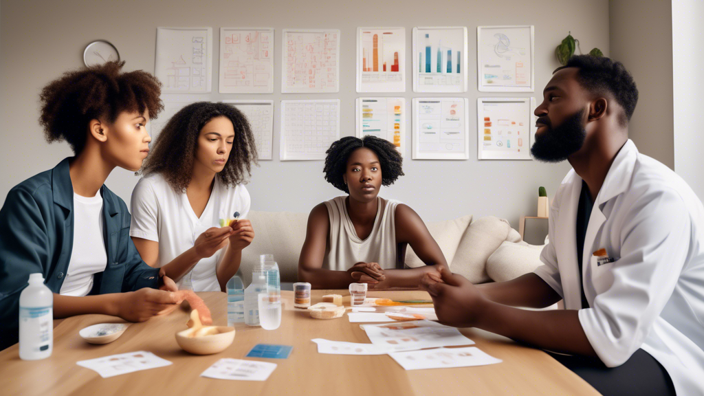 DALL-E create an image of a group of diverse people in their 20s, sitting in a living room sharing their experiences with Vitamin B patches for hangovers, with visible patches on their arms, a table with water and snacks in the foreground, while a healthcare professional stands amongst them, explaining the usage, surrounded by charts on walls illustrating the benefits and limits of Vitamin B patches in hangover relief.